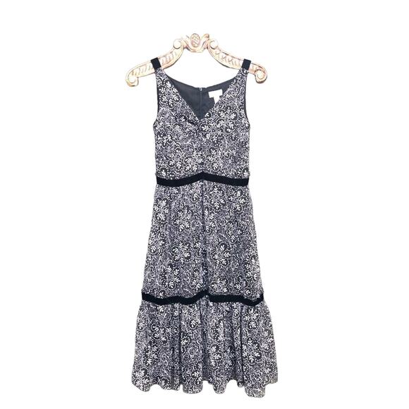 LOFT Dress Chiffon Black White Tiered A Line Midi Velvet Accent Twist V Neck 4 - Picture 1 of 11